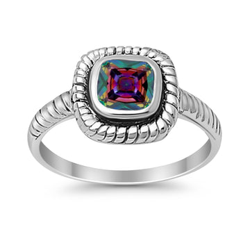 Princess Cut Simulated Rainbow Cubic Zirconia Oxidized Design Ring 925 Sterling Silver